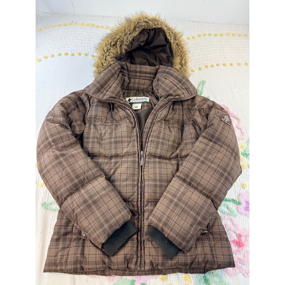 Columbia Womens Brown Plaid Down Puffer Jacket Faux Fur Hood Size M